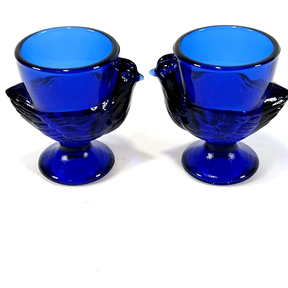 2 Egg Cups Cobalt Blue Glass Chicken Hen Luminarc arc France